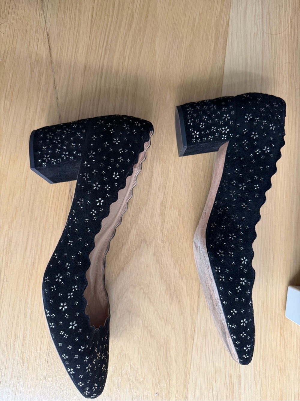 Black Scalloped Suede Block Heel Pumps - Elegant Women's Dress Shoes